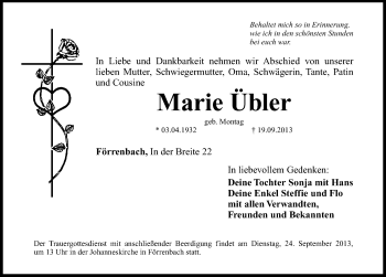 Traueranzeige von Marie Übler von Hersbrucker Zeitung